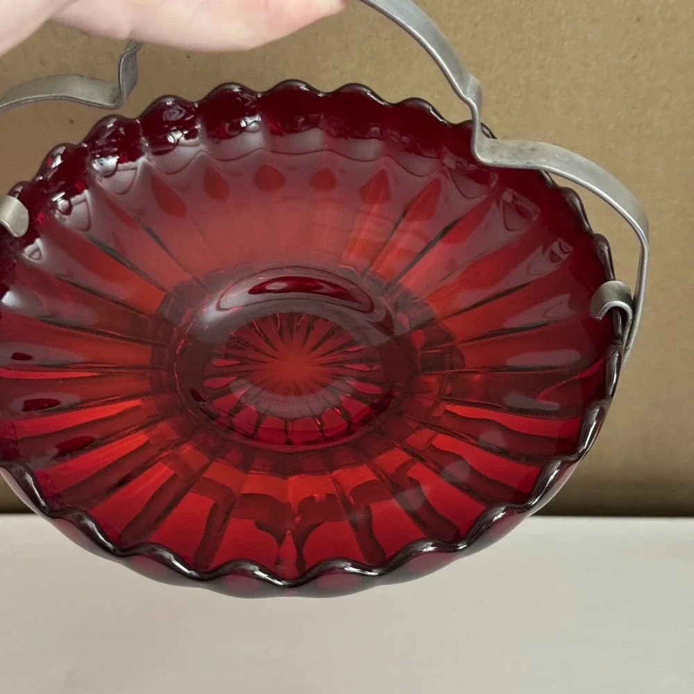 Imperial Glass Red Pillar Flutes Relish Sea Food Bowl‎ w/ Metal Handle Antique